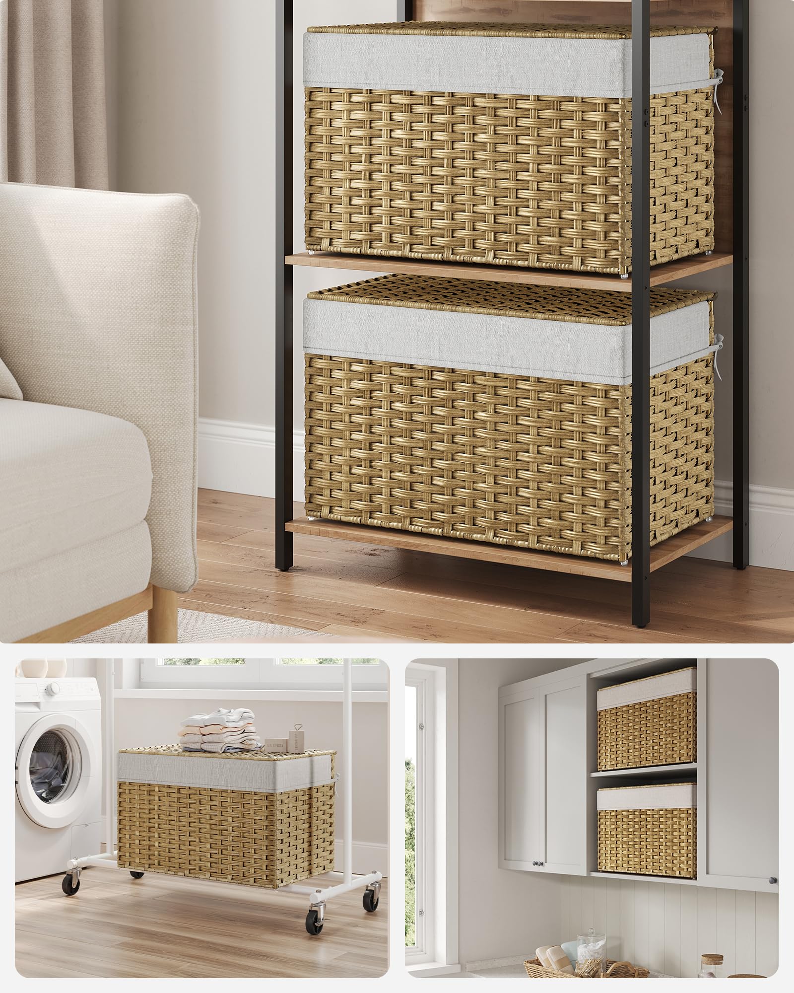 SONGMICS Storage Basket with Lid, Woven Blanket Storage Bin with Handles, Foldable, Removable