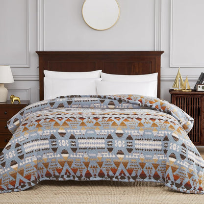 CASAAGUSTO Boho Sherpa Throw Blanket, Aztec Queen Blanket, Ultra Soft, Warm, Cozy, Plush, Thick Fleece Bohemian Throw Blanket for Couch, Bed, Sofa (Blue Grey 90 * 90 Inch)
