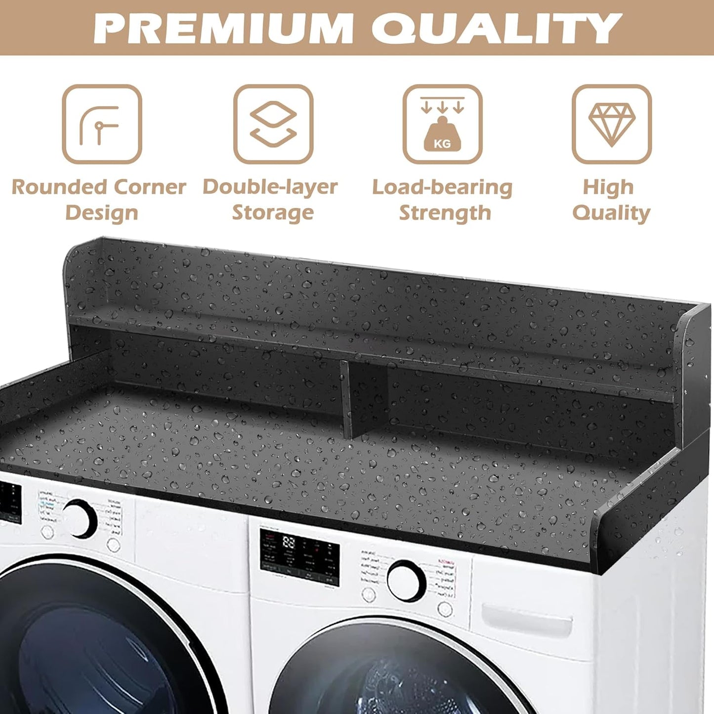 Royxen Laundry Countertop with 2-Tier Shelf Universal Fit, Washer and Dryer Countertop with Storage Space, Shelf Height 11.5 Inches, Solid Wood, Black