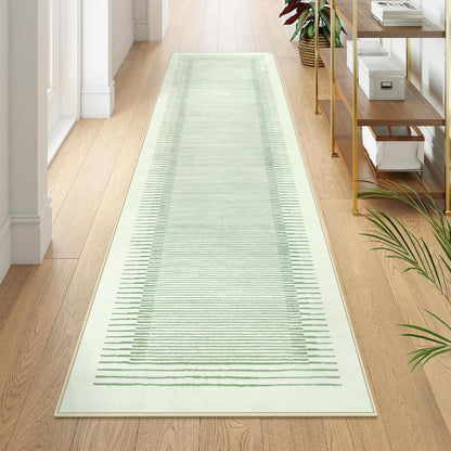 Wonnitar Washable Green Striped Runner Rug for Hallway 2'6"x8', Non-Slip Soft Runner Rug for Bedroom, Low Pile Minimalist 8ft Carpet Runner for Bathroom Laundry Kitchen (Green, 2'6" x 8')