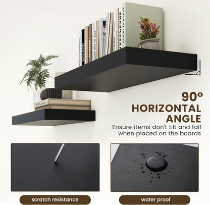 Deep Floating Shelves for Wall | 30W x 12D Black Floating Shelves Set of 2 | 12 Inch Deep Wall Shelves for Living Room Bathroom Laundry Room Bedroom Kitchen Home Office - Black