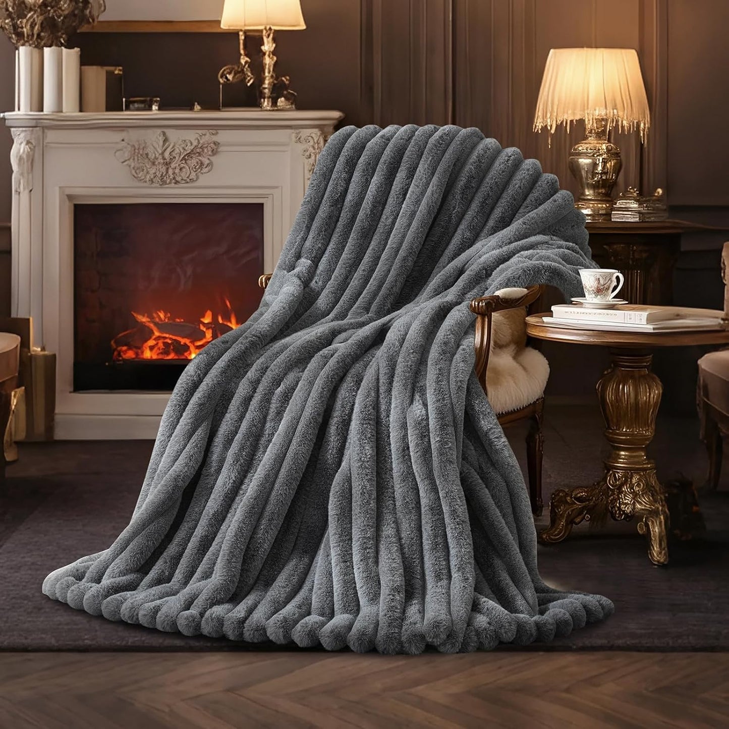 Amélie Home Faux Fur Throw Blanket for Couch, Ultra Cozy Fuzzy Fluffy Fur Luxurious Soft Striped Plush Gift Blankets for Family Sofa Chair Bed Living Room Bedroom, 55"x70", Ionic Wolf Gray