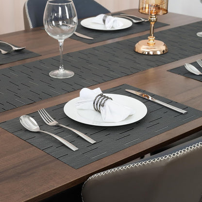 Myir JUN Placemats Set of 4, Vinyl Woven Placemats Place Mats Indoor Set of 4 Washable Table Mats Non-Slip Place mats for Dining Table (Black-Gray, Set of 4)