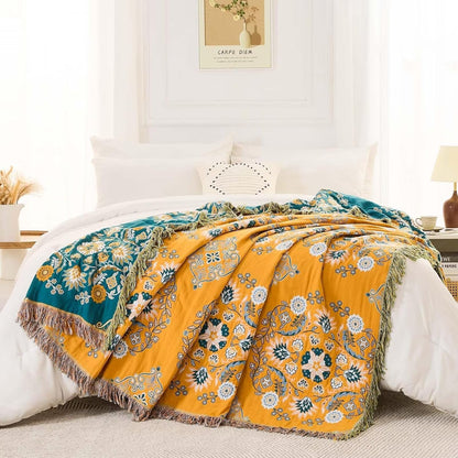Boho Throw Blanket, 100% Cotton Ultra Soft Luxury Throw Rustic Quilt, Floral Printed Farmhouse Decor Bed Summer Blankets, All Season Rustic Reversible Bohemian Throw for Bed (60"x80" Yellow
