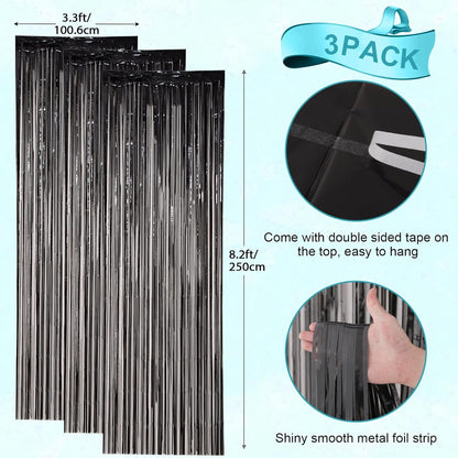 3 Pack 3.3x8.2 Feet Black Foil Fringe Backdrop Curtains, Tinsel Streamers Birthday Party Decorations, Fringe Backdrop for Graduation, New Years, Halloween, Disco Party