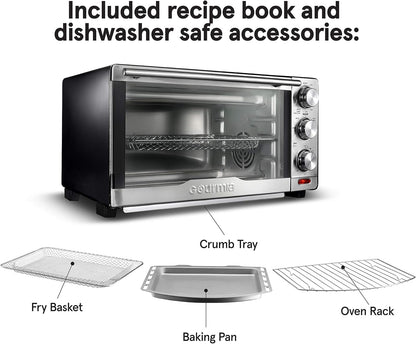 Gourmia GTF7350 6-in-1 Multi-function, Stainless Steel Air Fryer Oven - 6 Cooking Functions - Fry Basket, Oven Rack, Baking Pan & Crumb Tray, Included + Recipe Book
