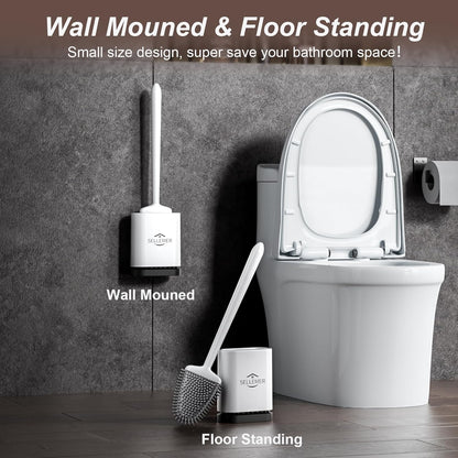 Sellemer Toilet Brush and Holder Set - Flexible Toilet Bowl Brush Head with Silicone Bristles, Compact Size for Storage and Organization, Ventilation Slots Base (1 Pack, White)