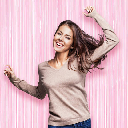 3 Pack 3.3 x 8.2 ft Pasel Pink Foil Fringe Backdrop Curtains, Tinsel Streamers Birthday Party Decorations, Fringe Backdrop for Graduation, Baby Shower, Gender Reveal, Disco Party