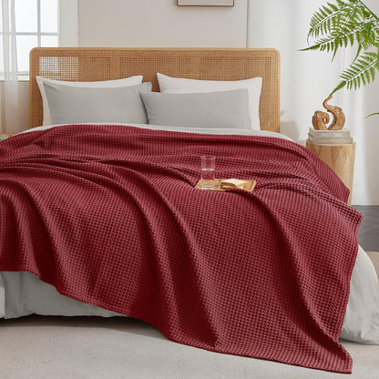 PHF Ultra Soft Waffle Weave Blanket King Size 104"x 90"- Washed Lightweight Breathable Cozy Woven Blanket for Bed - Aesthetic Decor for Couch Bedding Sofa Home Car - Wine