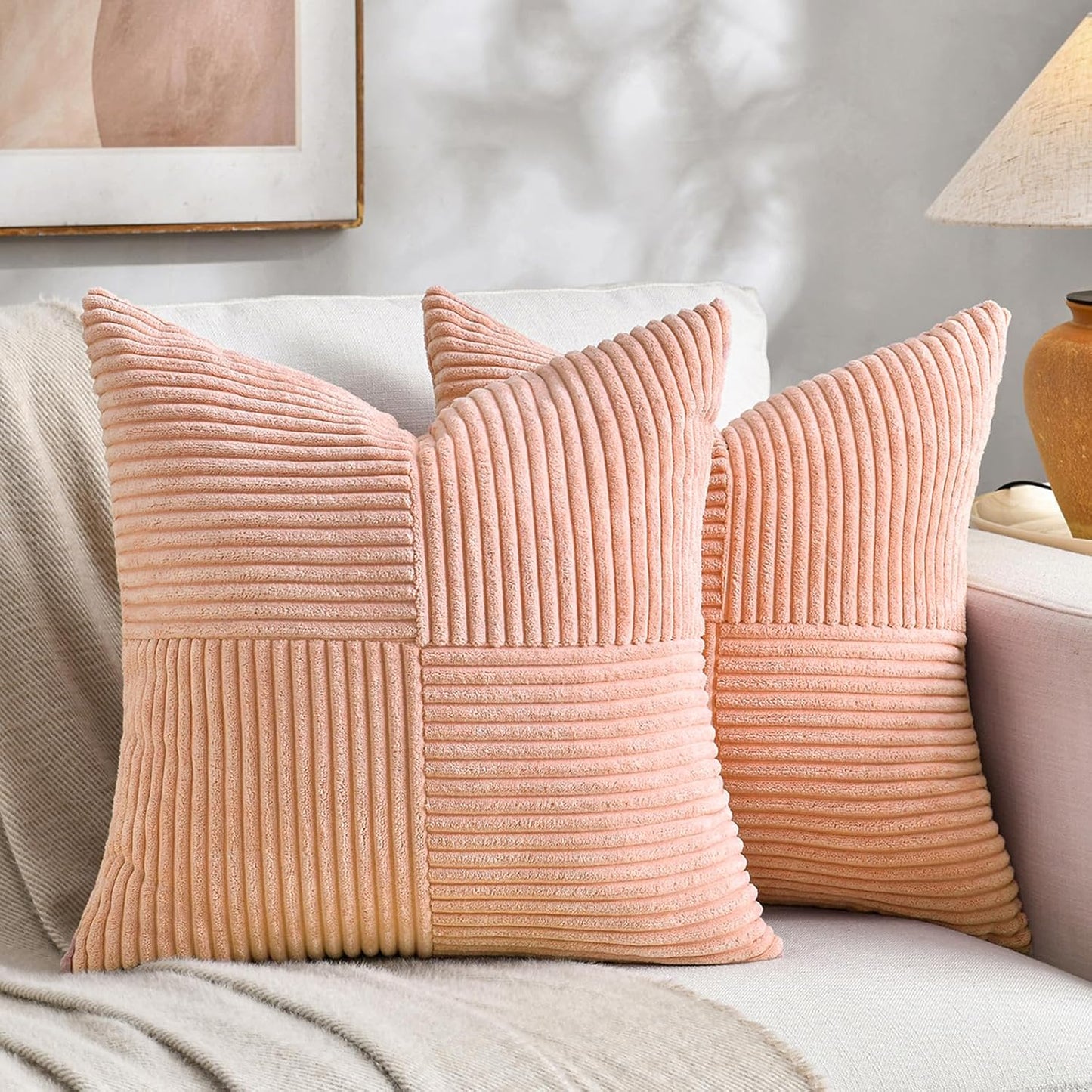 Fancy Homi 2 Packs Peach Euro Decorative Throw Pillow Covers 26x26 Inch for Couch Bed Sofa, Rustic Farmhouse Boho Home Decor, Soft Corss Corduroy Patchwork Textured Square Cushion Case 66x66 cm
