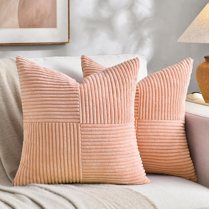 Fancy Homi 2 Packs Peach Euro Decorative Throw Pillow Covers 26x26 Inch for Couch Bed Sofa, Rustic Farmhouse Boho Home Decor, Soft Corss Corduroy Patchwork Textured Square Cushion Case 66x66 cm
