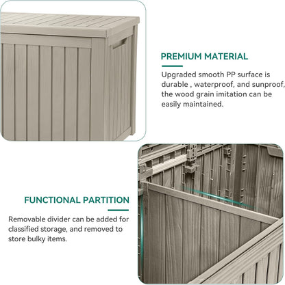 YITAHOME 180 Gallon XL Outdoor Storage Deck Box with Divider, Waterproof & Lockable, Ideal for Patio Furniture and Garden Tools, Resin-Built, Wood-Like Texture, Brown