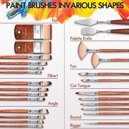 26pcs Paint Brush Set, Fuumuui Professional Acrylic Paint Brushes Complete Range of Sizes with Upgraded Short Handle Wide Flat Paintbrush for Acrylic, Oil, Watercolor and Gouache