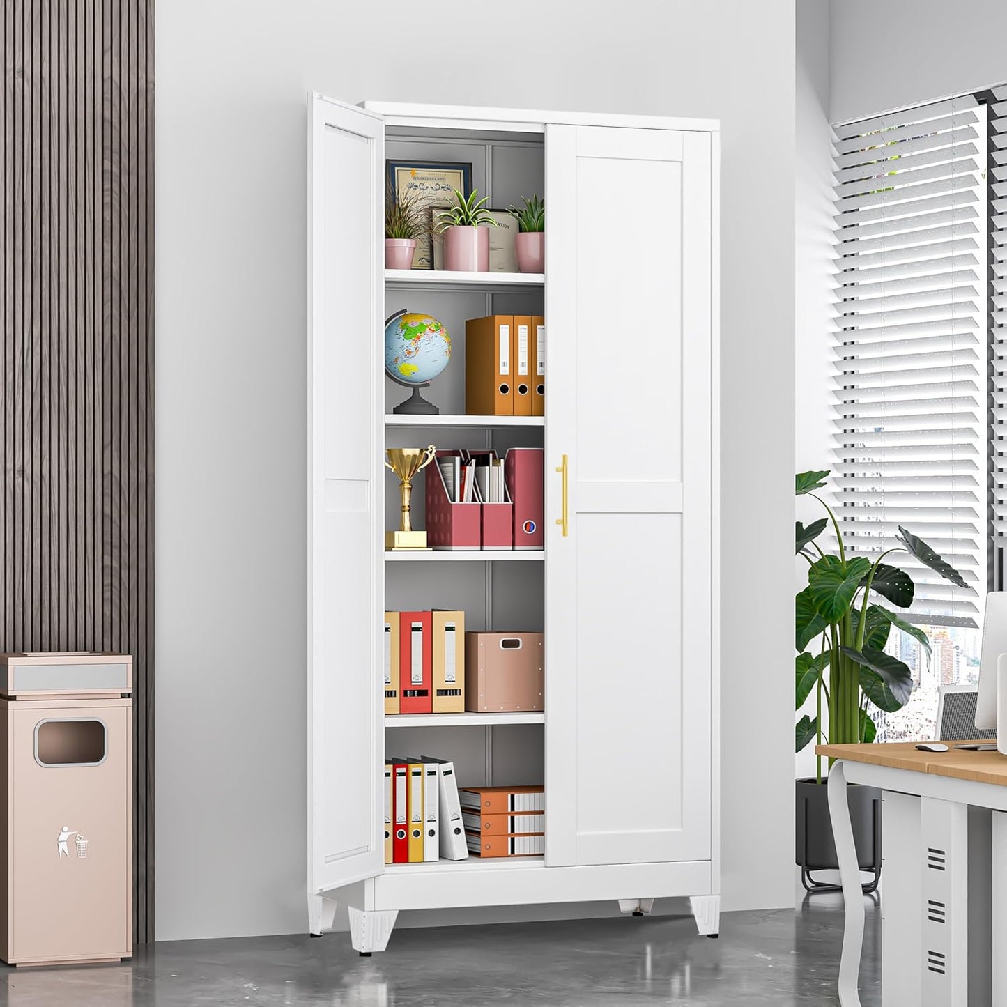 71" Tall Metal Storage Cabinet with 2 Doors and 4 Adjustable Shelves, Kitchen Pantry Cabinet White Freestanding Cupboard, 5 Tier Multifunctional Steel Storage for Office, Kitchen, Dining Room