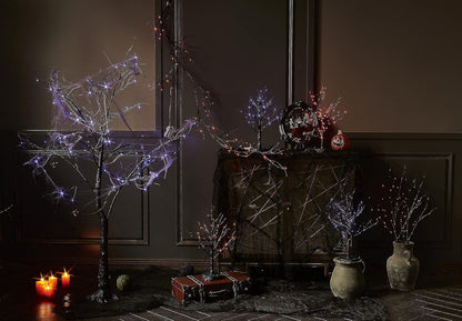 LITBLOOM Lighted Spooky Halloween Tree with Timer Battery Operated or USB Plug in, Pre-lit Black Glittered Tabletop Tree with Orange Lights 24L 18IN for Halloween Home Party Decoration Indoor