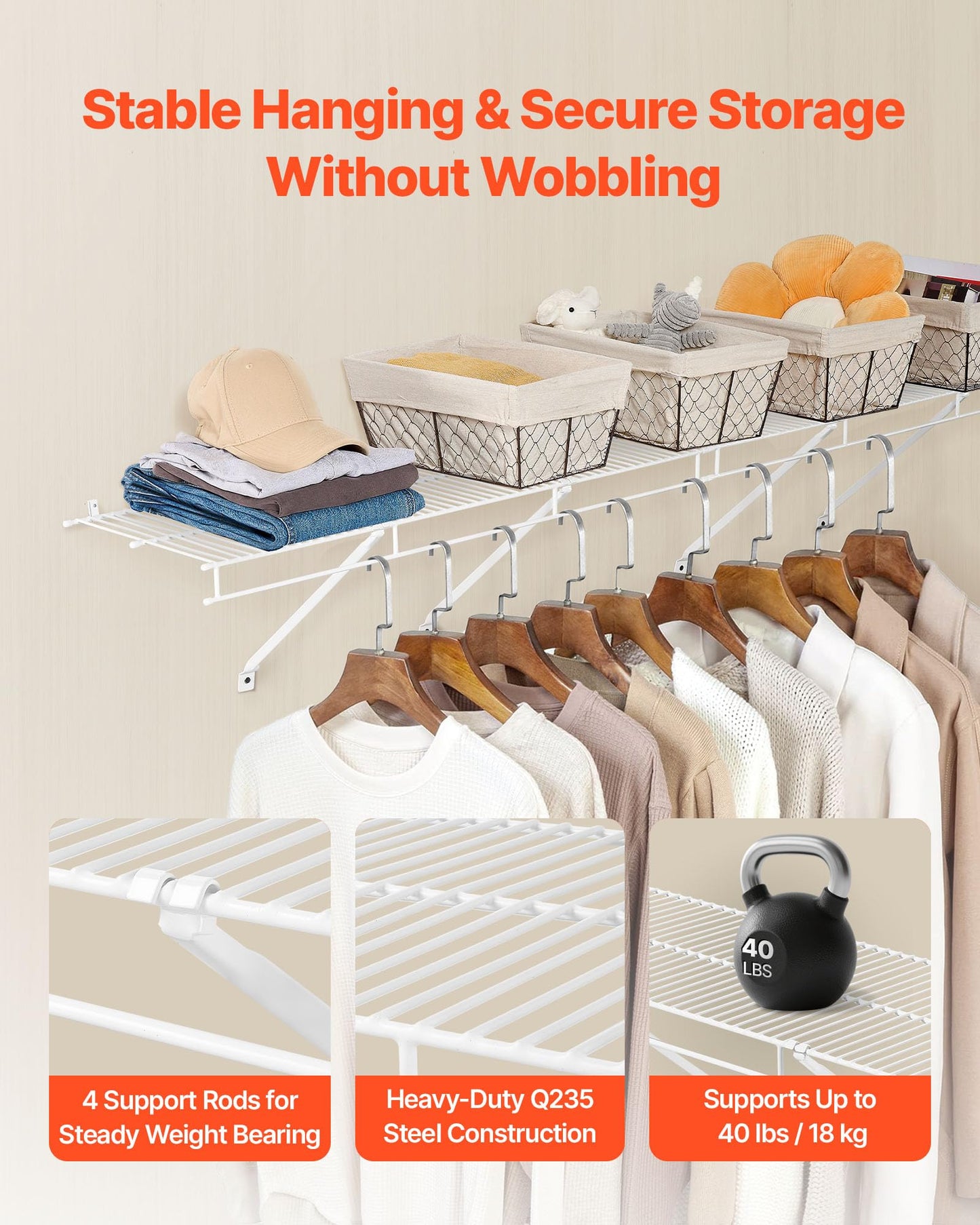 VEVOR Wire Shelf Kit, 3 ft, Set of 2, Wall Mounted Wire Shelves, Heavy-Duty Carbon Steel Hanging