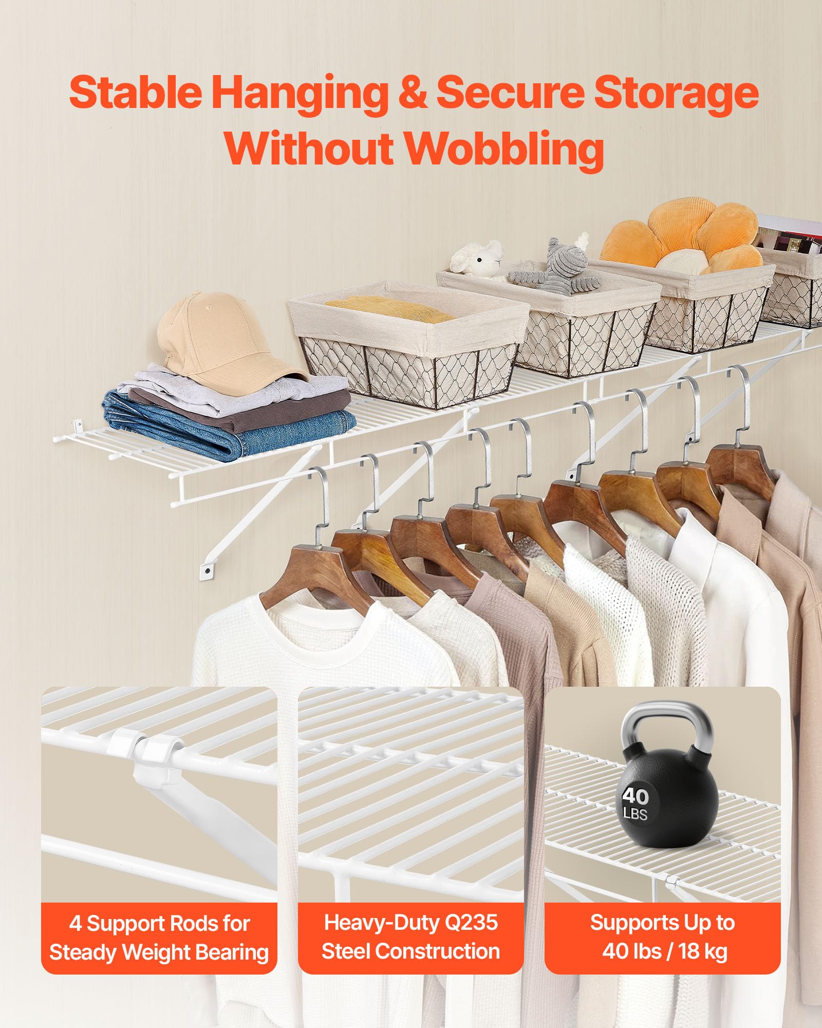 VEVOR Wire Shelf Kit, 3 ft, Set of 2, Wall Mounted Wire Shelves, Heavy-Duty Carbon Steel Hanging