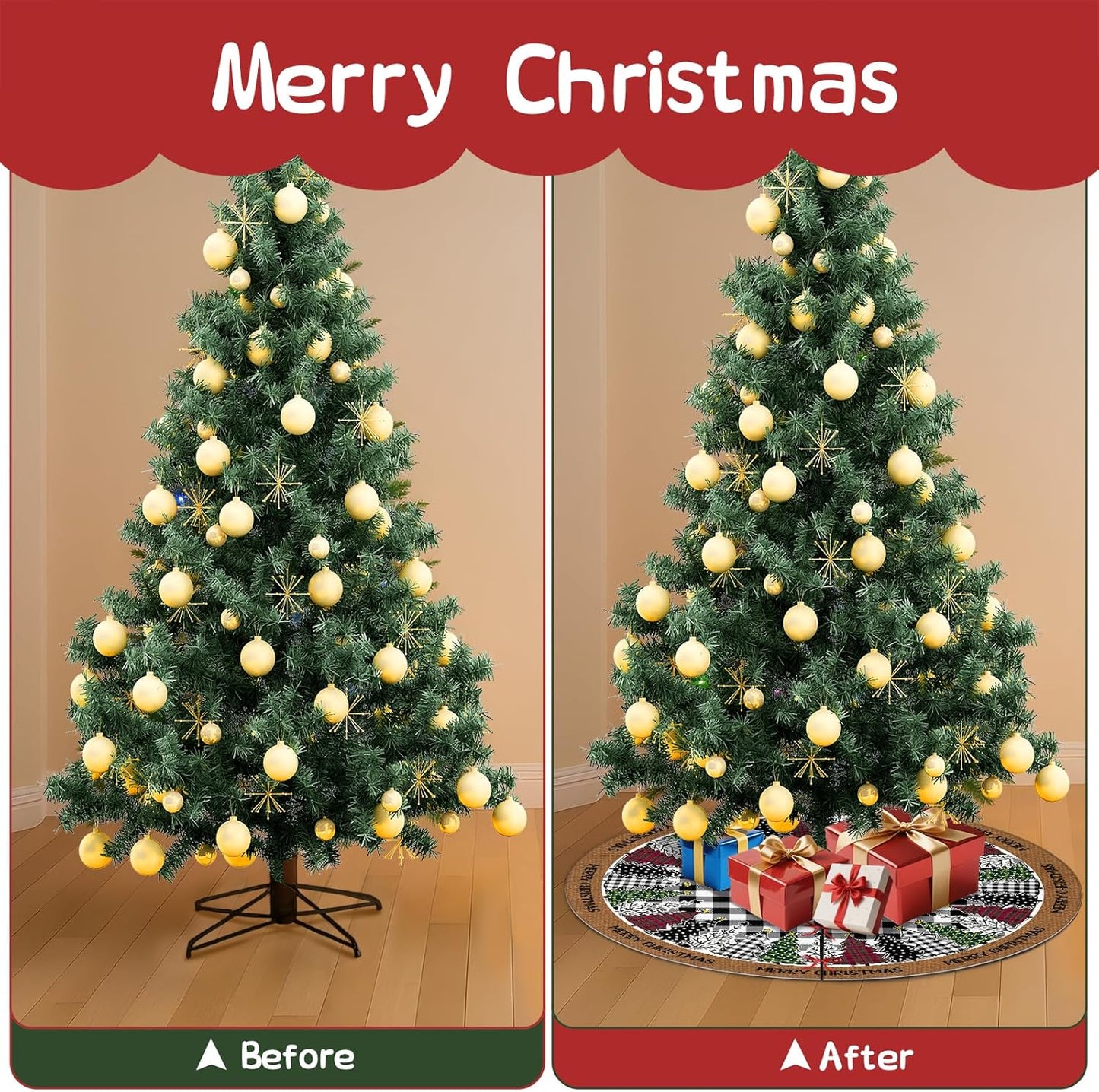 Christmas Tree Skirt 48 Inch, Black and White Buffalo Plaid Xmas Tree Skirts, Winter Christmas Trees Mat for Home Party Holiday Indoor Outdoor Decorations