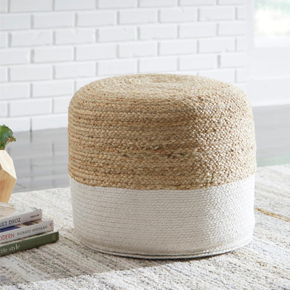 Signature Design by Ashley Sweed Valley Jute & Cotton Pouf, 19 x 19 Inches, Beige & White