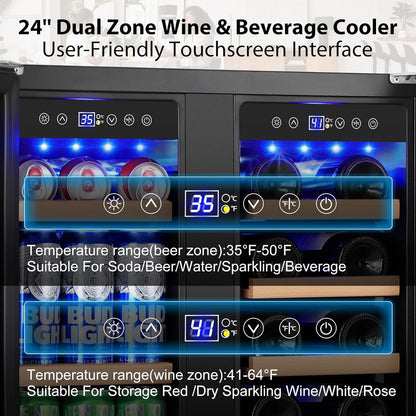 24 Inch Dual Zone Wine and Beverage Refrigerator, Built-in or Freestanding Cooler with French Doors, Drink Fridge with Upgraded Compressor for Beer, Wine, and Soda