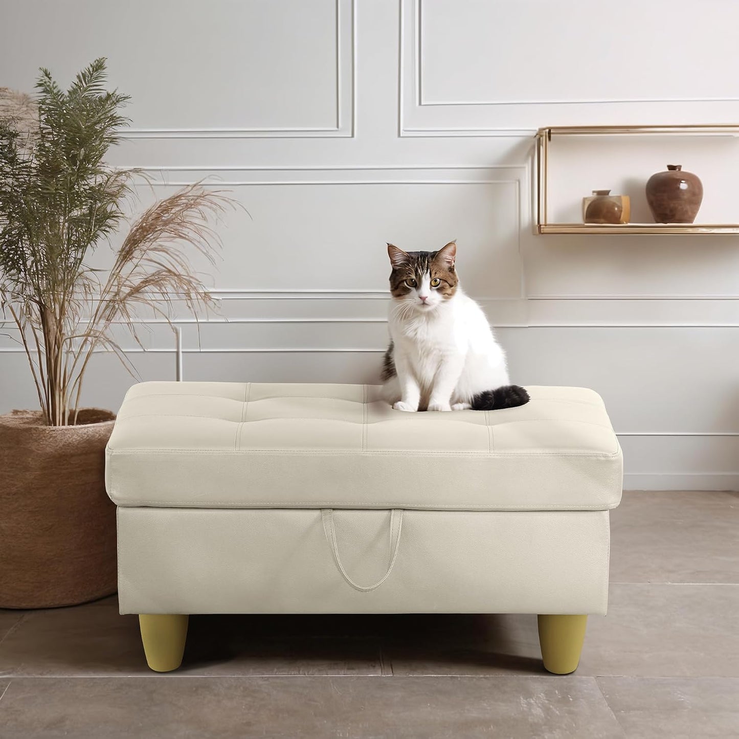 Ottoman Rectangular Storage Ottoman Bench, Faux Leather Footrest, Coffee Table, Stool Footstool with Hinged Lid for Living Room, Bedroom, Entryway, White, 35"x23.5"x17.5"