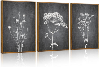 Tinonedraw Black and White Botanical Framed Canvas Wall Art Set, Vintage Floral Wall Decor, Dark Academia Minimalist Plant Art Paintings, Abstract Wildflower Art Print for Living Room Bedroom 16"x24"x3