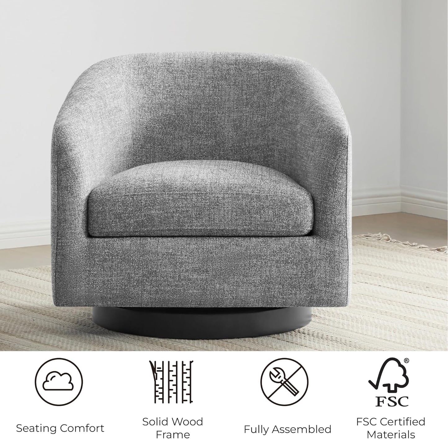 CHITA Swivel Accent Chair, FSC Certified Upholstered Fabric Barrel Chair for Living Room, Fully Assembled, Pebble Grey