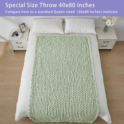 Bigacogo Chunky Knit Throw Blanket for Couch, 40x80 inches, 100% Hand Knitted with Thick Jumbo Chenille Yarn, Cozy Soft Large Rope Knot Cable Crochet Blankets for Sofa Bed Living Room, Sage Green