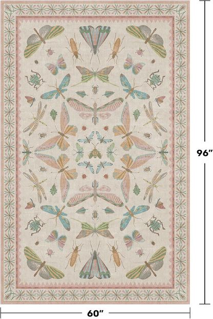 Washable 5x8 Light Pink Rug for Bedroom - Pink Boho Girl Nursery Rug, Living Room, Nature Insect Bug Print Home Decor