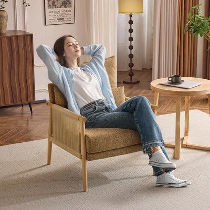 VINGLI Boho Braid Accent Armchair,Mid-Century Modern Chiar with Solid Wooden Armrest,Comfy Louge Cushion Chair with Waist Pillow for Bedroom,Living Room,Reading Room, Khaki