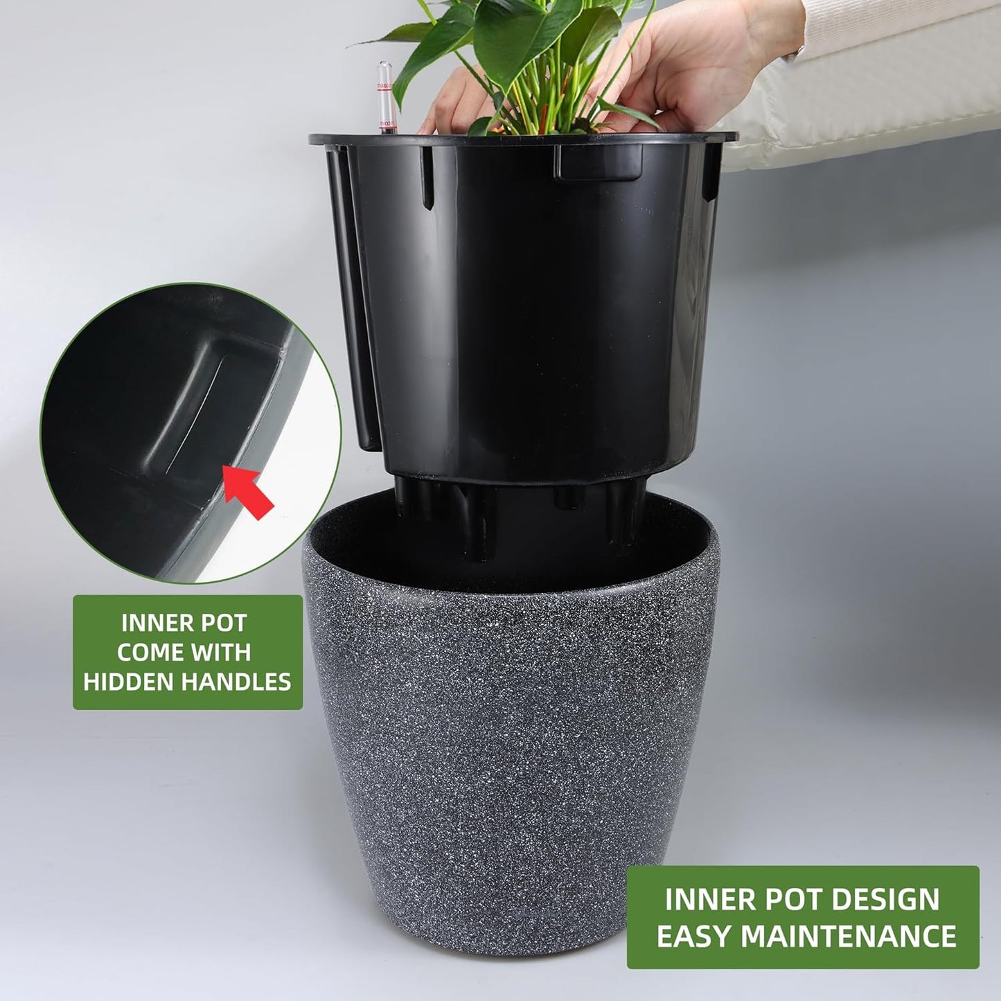 Dexceder 18x17 Self Watering Planter with Wheels Indoor Outdoor, Inner Pot Design, Thickened Large Floor Standing Flower Plant Pot with Water Level Indicator (Stone Matte)