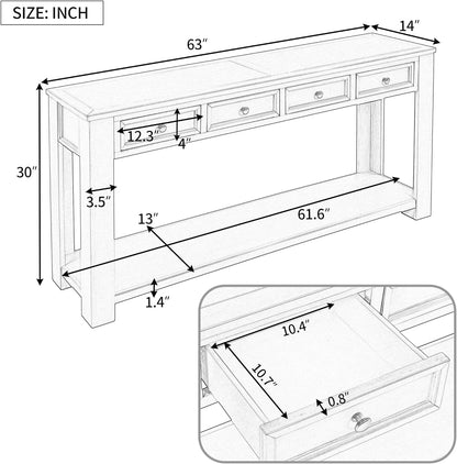 White Console Table,Solid Wood Sofa Table with 4 Drawers Hallway Table for Storage Entry Foyer Behind Couch Table,Fully Assembled (63" White)