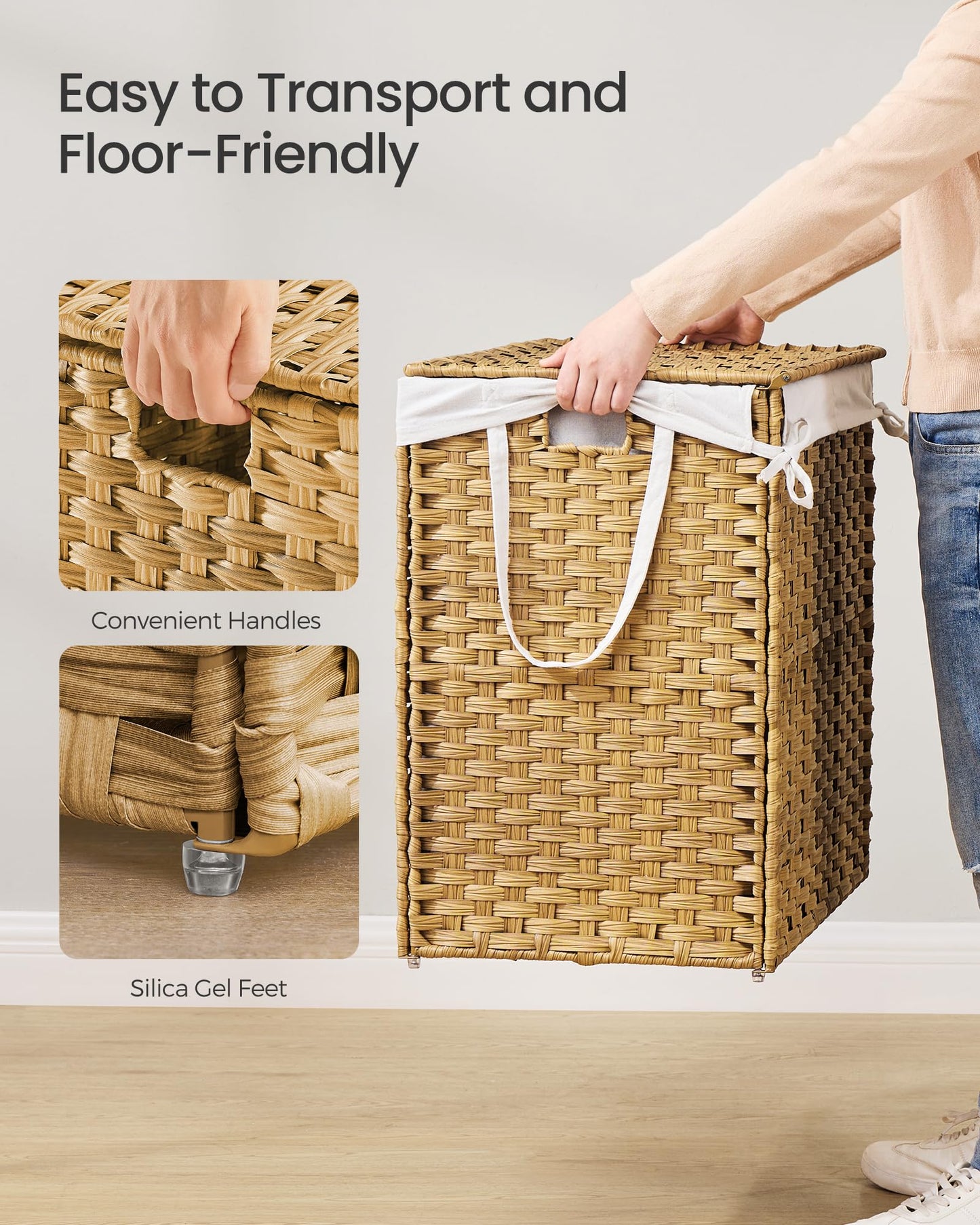SONGMICS Laundry Hamper with Lid, 52.8 Gal (200 L) Synthetic Rattan,Foldable