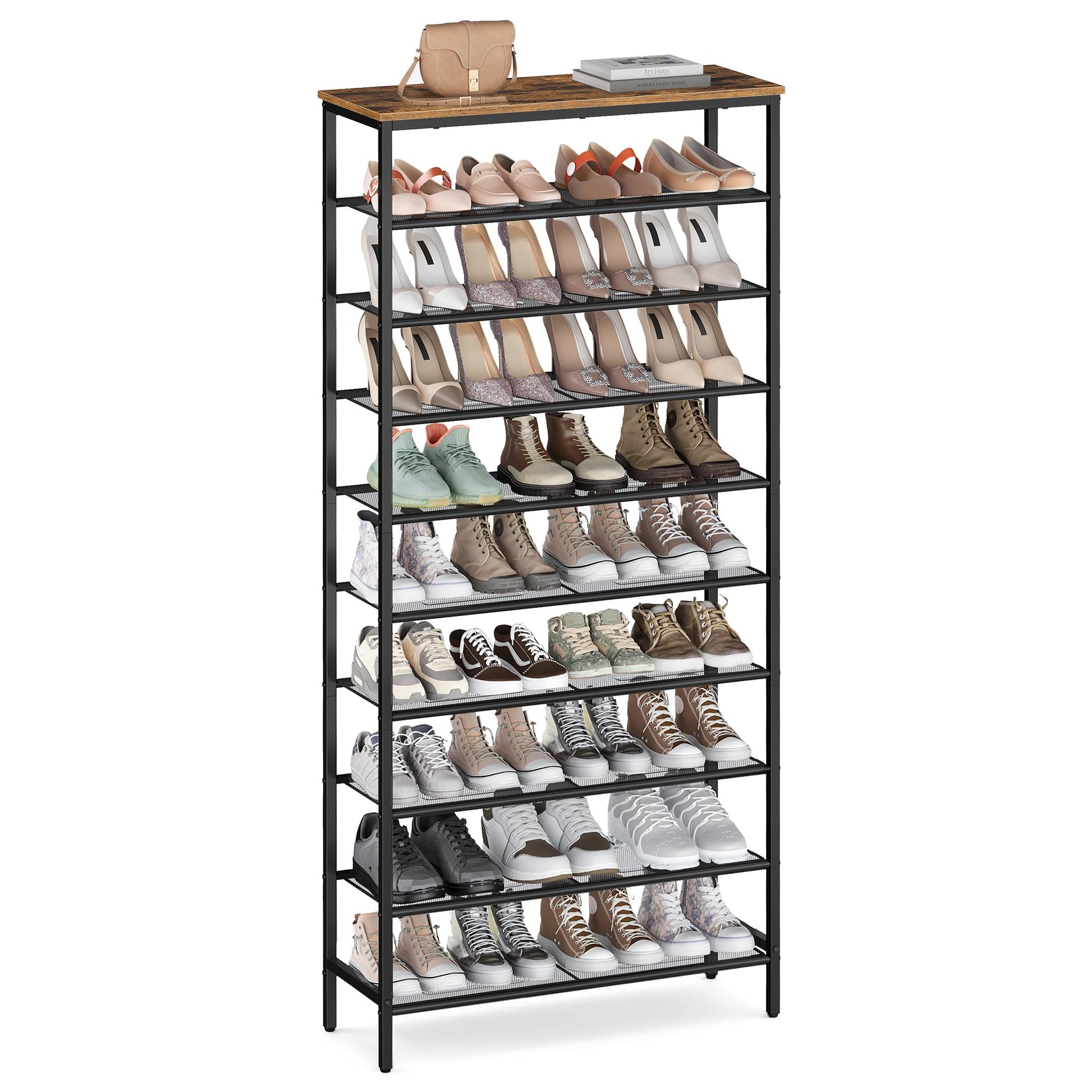 VASAGLE Shoe Rack with 9 Mesh Shelves and 1 Large Top for Bags, Steel Frame