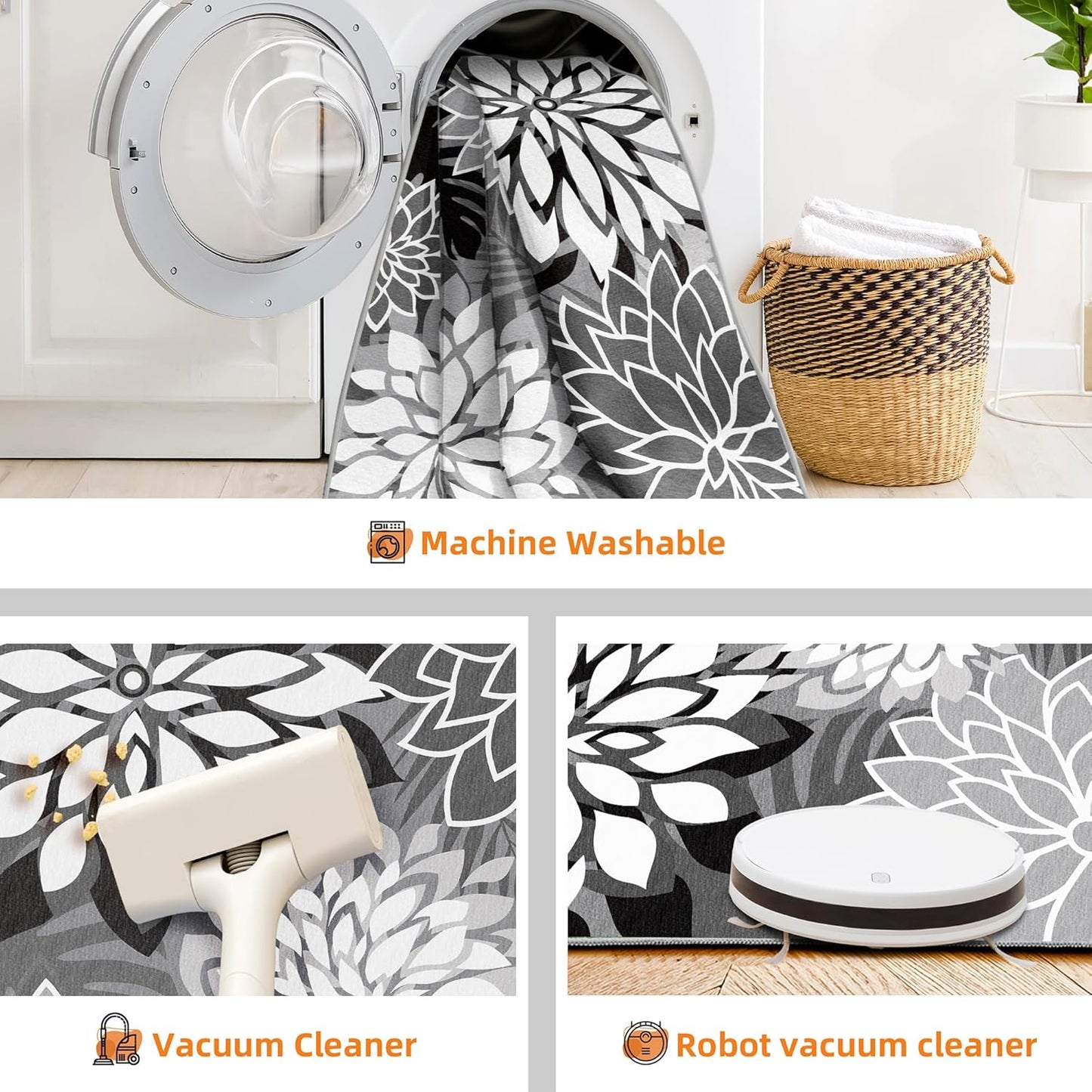 Indoor Outdoor Area Rug Washable Multicolored Rug Tropical Botanical Modern Floral Indoor Outdoor Carpet Black White Rug Non Slip Non Shedding for Patio, Deck, Backyard, Porch (6x9)