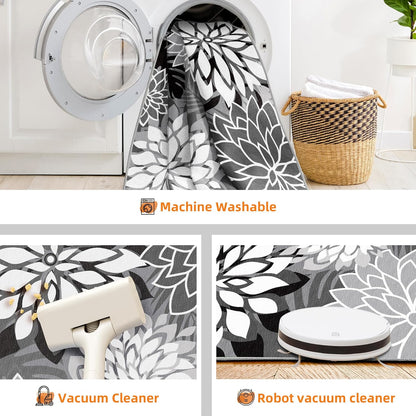 Indoor Outdoor Area Rug Washable Multicolored Rug Tropical Botanical Modern Floral Indoor Outdoor Carpet Black White Rug Non Slip Non Shedding for Patio, Deck, Backyard, Porch (9x12)