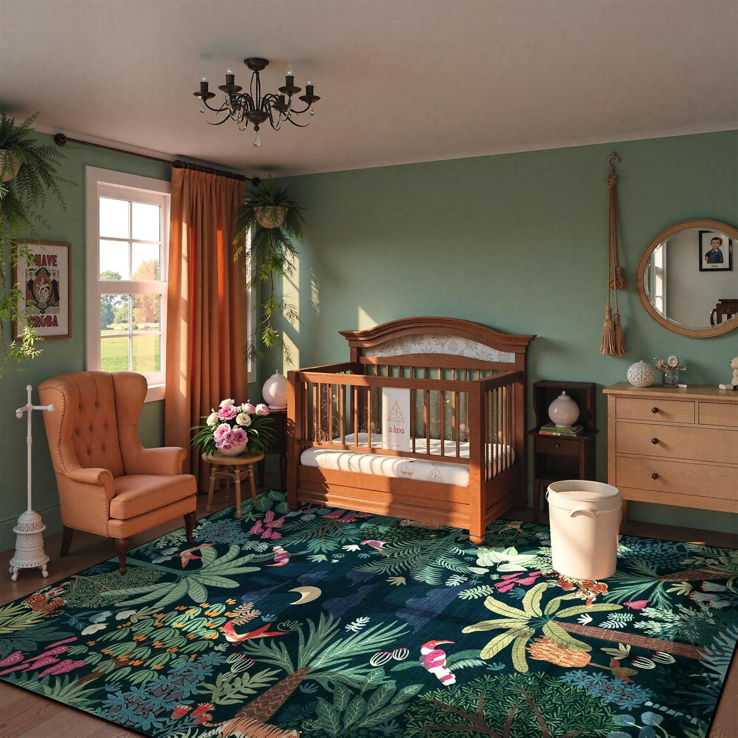 LIVEBOX Washable Jungle Dark Green Rugs 9x12 for Living Room, Stain Resistant Soft Kids Area Rugs for Bedroom, Non-Skid Modern Dining Room Rug Floor Carpet for Playroom Kids Nursery