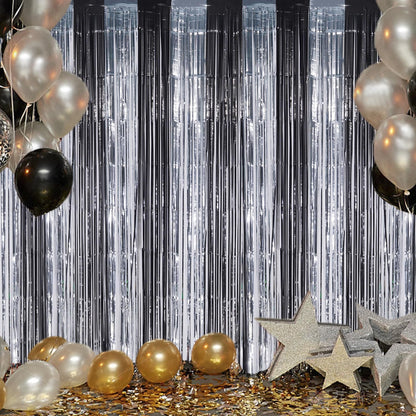 3 Pack Foil Fringe Backdrop - Black&Silver Shiny Tinsel Curtains for Party Decoration/Photo Booth Props - 3.3x8.2 FT Metallic Foil Backdrop for Birthday, Wedding, Graduation, Christmas.