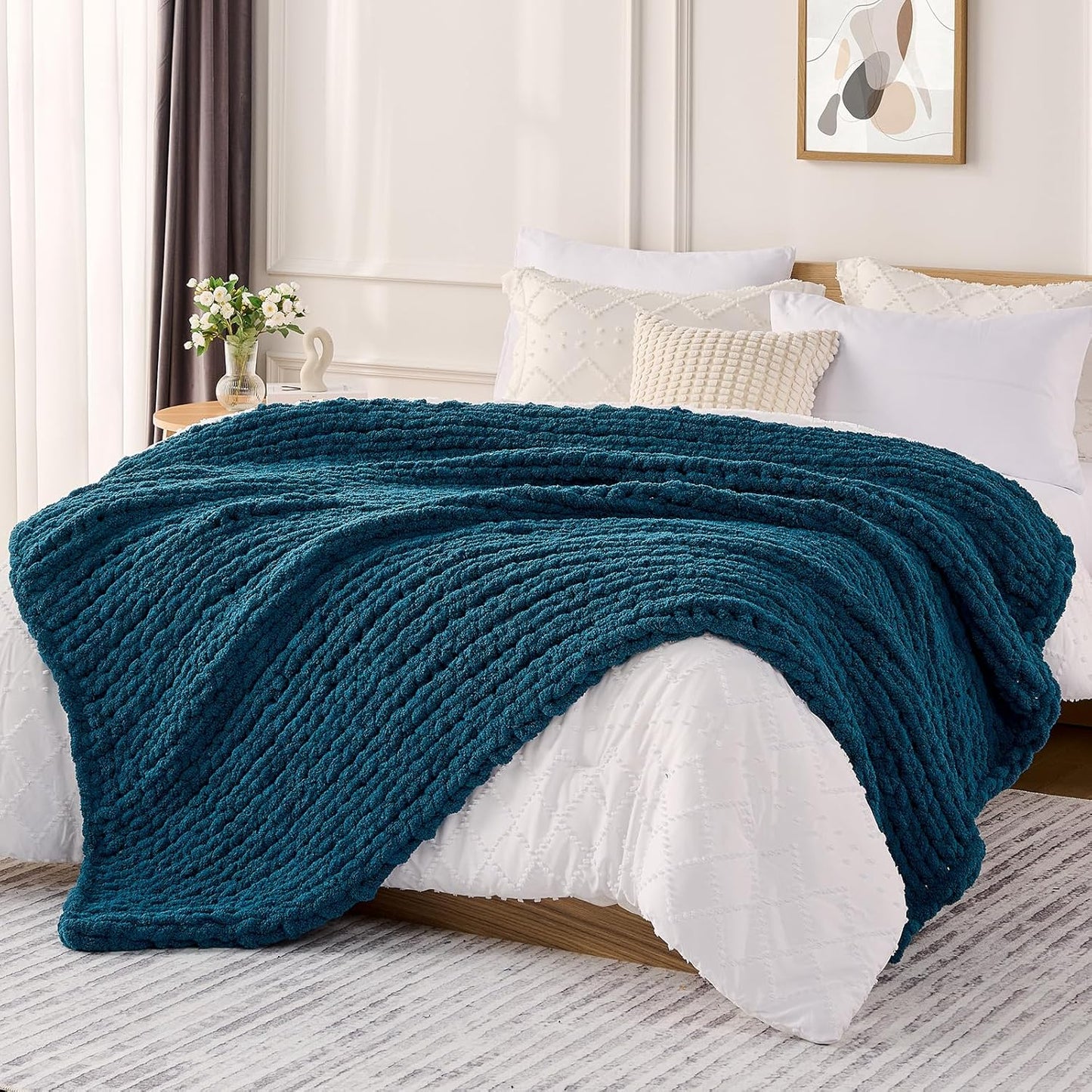 L'AGRATY Chunky Knit Blanket Throw: 72''x84'' Chenille Chunky Knitted Throw Blankets for Bed Couch - Handmade Thick Big Cable Knit Blanket - Large Crochet Rope Blankets for Home Decor(Blue)