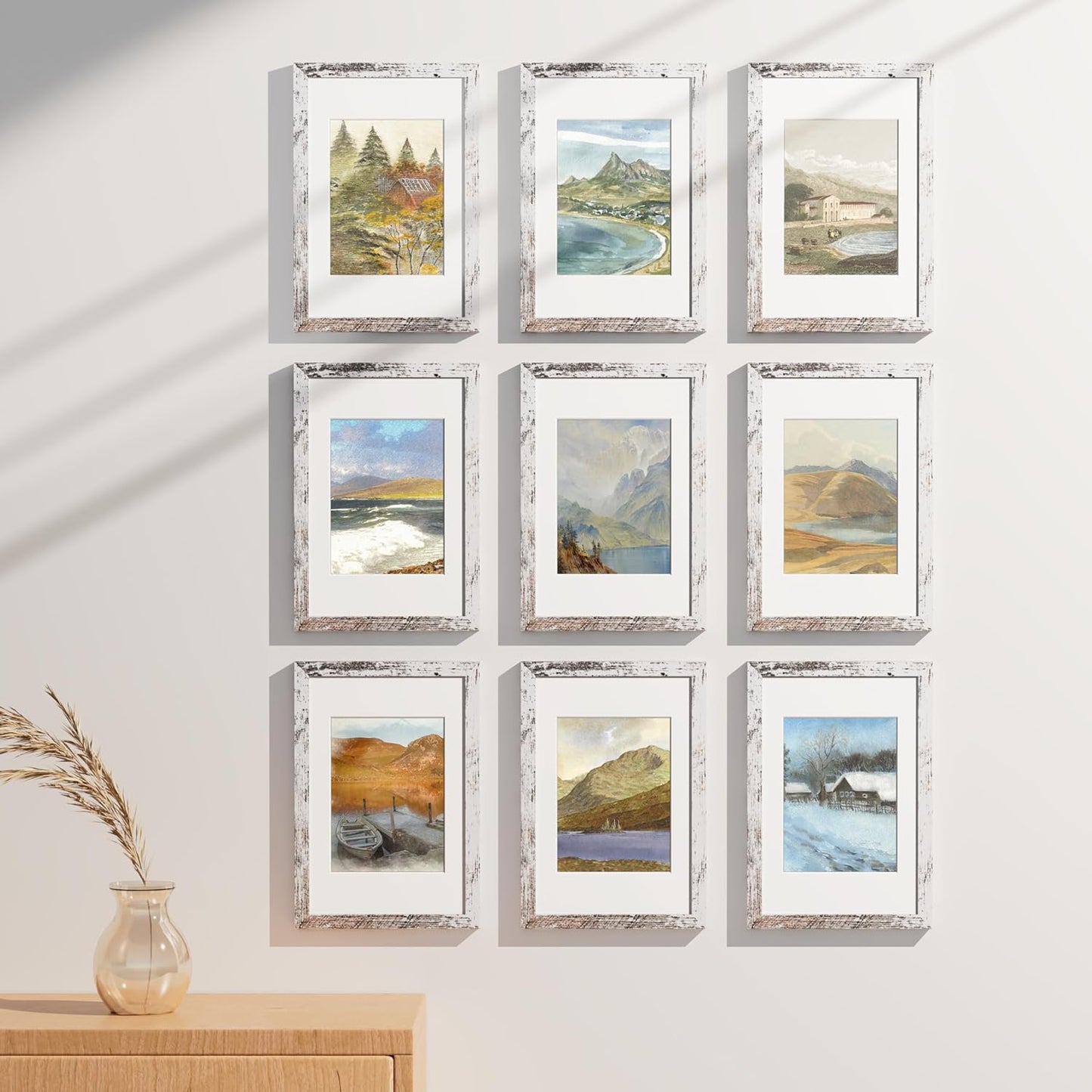 Vittanly 8x12 Picture Frames Set of 9, Shatter Resistant Plexiglass, Display 6x8 Pictures with Mat or 8x12 without Mat, Photo Frames for Wall or Tabletop, Engineered Wood, Distressed White