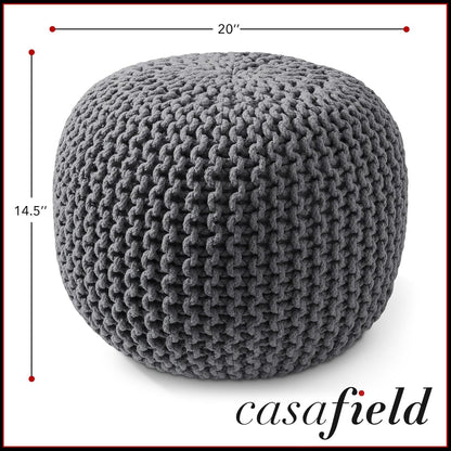 Casafield Round Pouf Ottoman, Dark Gray - 20" Diameter x 14.5" High Cotton Knit Foot Stool - Boho Floor Pouffe for Living Room, Bedroom, Home Office