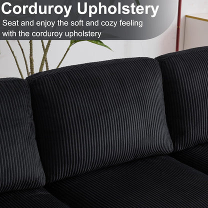 Karl home U-Shape Sectional Sofa Couch 111" Modern 4-Seat Sofa with Chaises Corduroy Fabric Upholstered Covertible Couch with Wood Grain Legs for Living Room, Reception Room, Apartment, Black