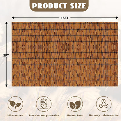 Bamboo Reed Fencing, Light Russet Decorative Bamboo Privacy Fence 5ft High, Reed Curtains for Patio Garden Balcony Outdoor Privacy Screen, 5 x 16 FT