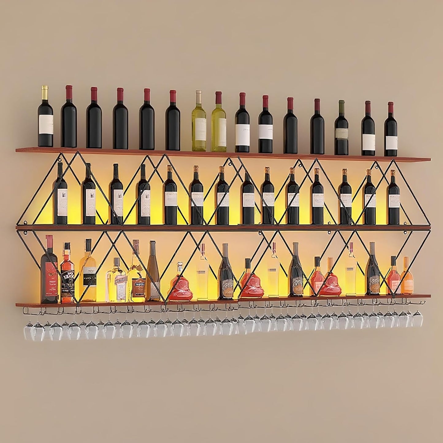 95in Wine Rack Wall Mount with Glass Holder, DIY Floating Wine Rack, Multi-Function Bar Wine Bottle Display Rack for Commercial Restaurants, Tea Rooms, Bars, Wine Cellars (black, 95in/240cm)