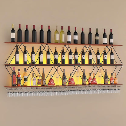 95in Wine Rack Wall Mount with Glass Holder, DIY Floating Wine Rack, Multi-Function Bar Wine Bottle Display Rack for Commercial Restaurants, Tea Rooms, Bars, Wine Cellars (black, 95in/240cm)