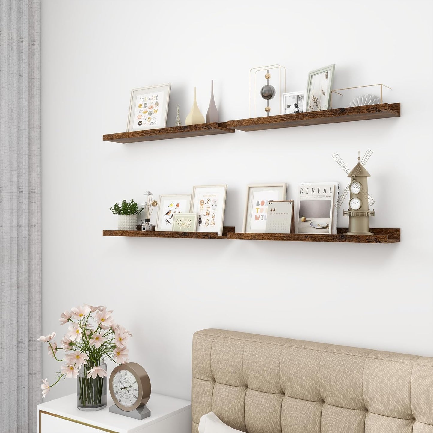 Picture Ledge Shelf, Wood Floating Shelves Set of 4, 24 inch Picture Ledge Shelves, Photo Ledge Nursery Book Shelves Wall Mounted for Living Room Kids' Room Bedroom, Color Brown
