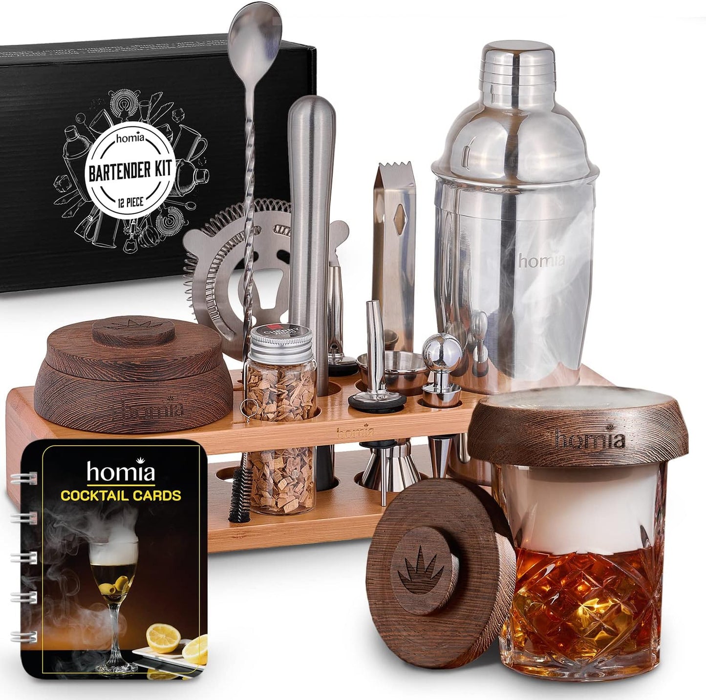 Bartender Kit with Whiskey Smoker - 13 pcs, Bamboo Stand - Bar Set with Cocktail Shaker, Bartending Kit with Essential Bar Accessory Tools, Wood Chips, Steel