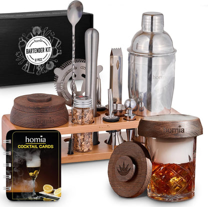 Bartender Kit with Whiskey Smoker - 13 pcs, Bamboo Stand - Bar Set with Cocktail Shaker, Bartending Kit with Essential Bar Accessory Tools, Wood Chips, Steel
