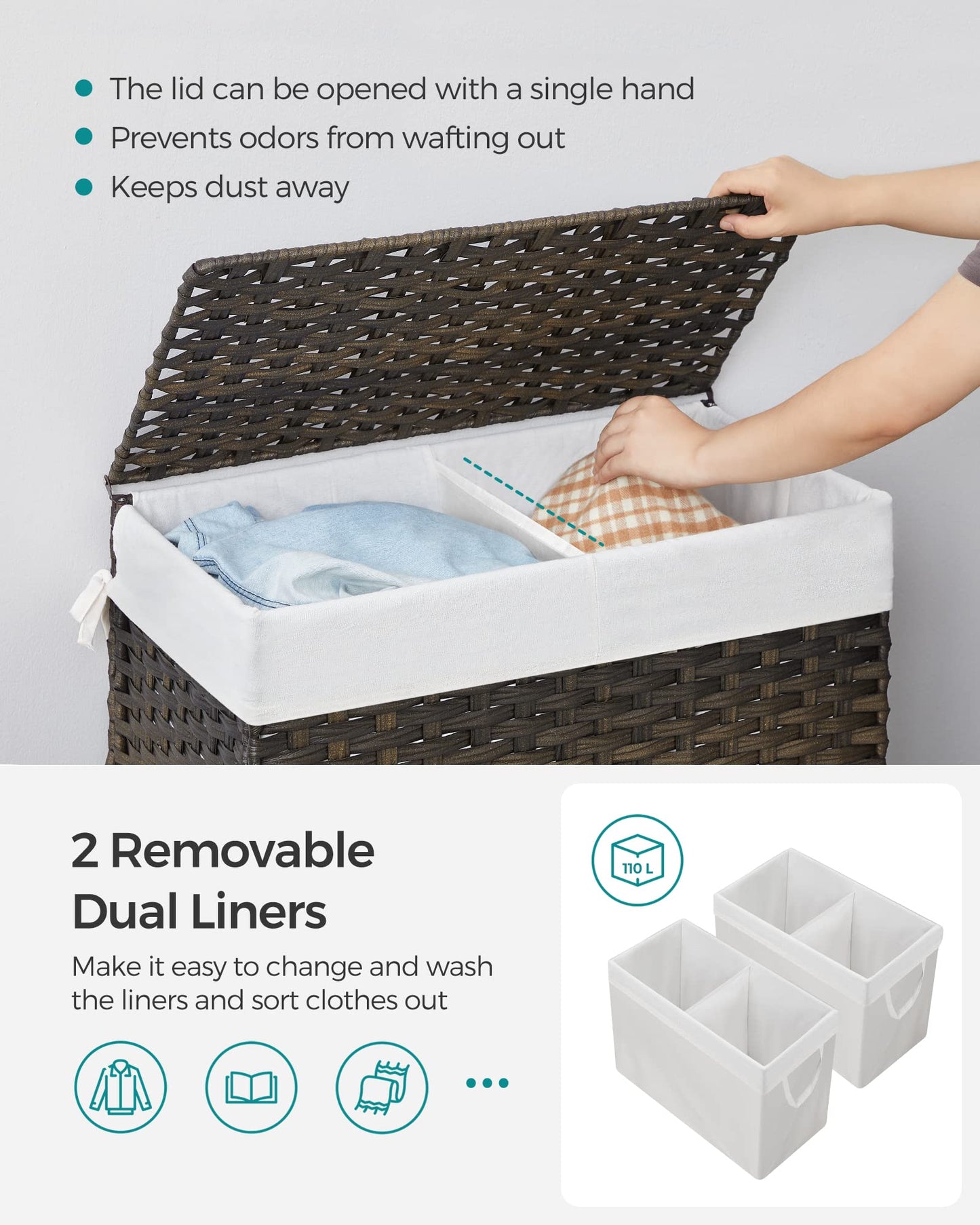 SONGMICS Laundry Hamper with Lid, 110L Wicker Laundry Basket