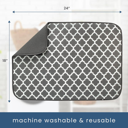 S&T INC. Dish Drying Mat XL, 18” x 24”, Absorbent Microfiber Kitchen Counter Mat, Dish Drying Pad for Dishes, Utensils, Pots and Pans, Extra Large, Pewter Grey Trellis